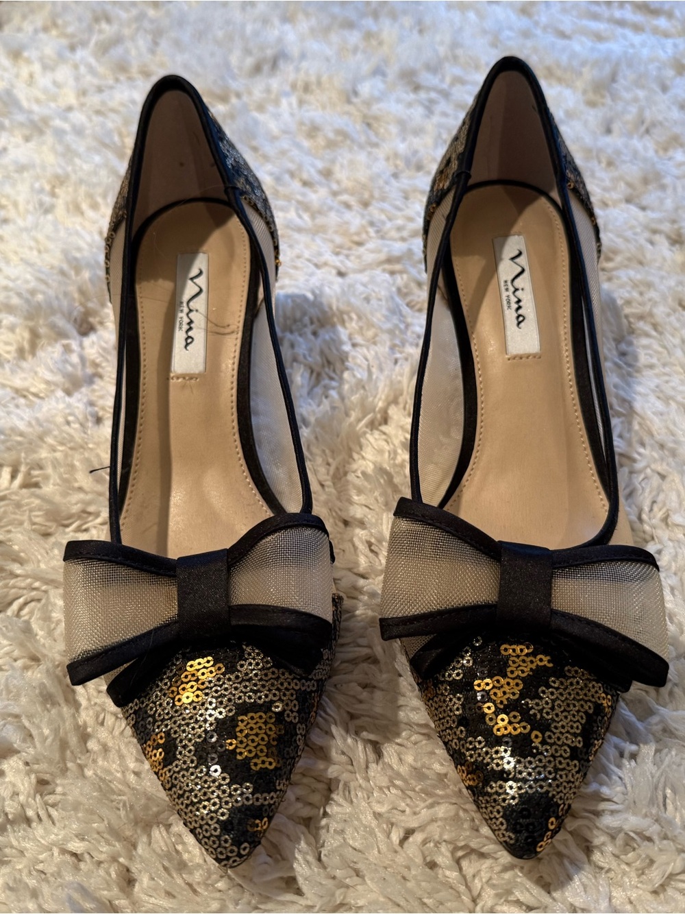 Nina Black and Gold Sequin Pointed Toe Pumps with Mesh Bow